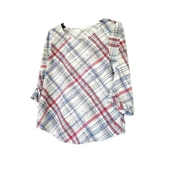 Skies are Blue Plaid 3/4 Sleeve Scoop Neck Top Size Small blue red gray Preloved - Picture 1 of 6